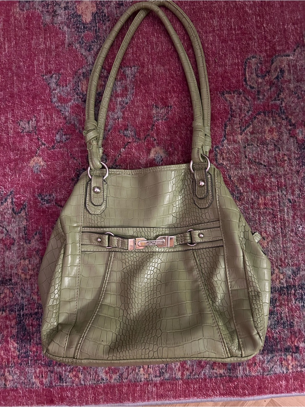 Olive Green Croc-Embossed Tote Bag
